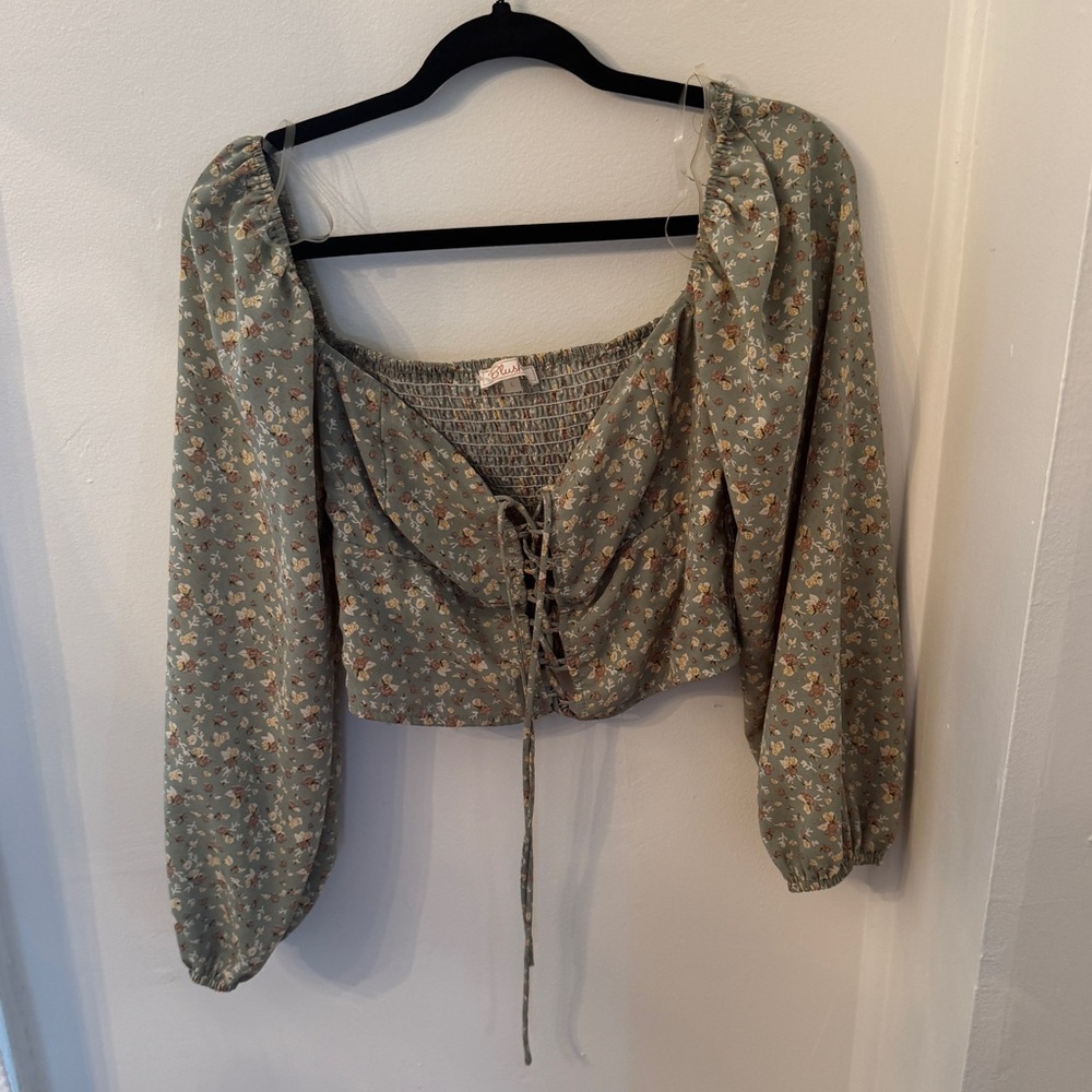 Floral Sage Green Peasant Crop Top with Tie Front